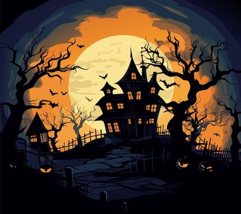 Vector vector halloween castle scary tre... | Premium Vector #Freepik #vector #haunted-house #halloween-castle #halloween-night #halloween-tree Castle Halloween, Halloween Castle, Hunted House Draw, Haunted House Illustration Drawings, Haunted House Silhouette Art, Horror House Cartoon Background, Spooky Castle Illustration, Forest Cartoon, Haunted Tree