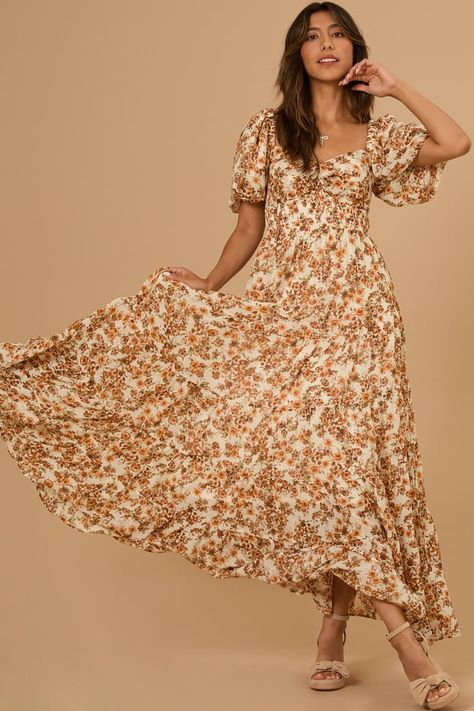 This stunning floral maxi dress is crafted from beautiful flowy material that is lightweight and breathable. It is hugs in all the right places and will become a go-to in your closet. Maxi Fall Dress, Fall Dresses For Family Pictures, Family Of 3 Photo Outfits, Bow Top Dress, Vintage Floral Dresses, Modest Fall Dresses, Maxi Dress Fall, Fall Party Dress, Event Attire