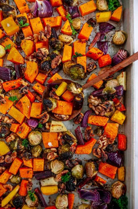 Autumn Harvest Roasted Vegetables - Aberdeen's Kitchen Harvest Roasted Vegetables, Roasted Vegetables Thanksgiving, Butternut Squash And Brussels Sprouts, Roasted Winter Vegetables, Roasted Fall Vegetables, Apple Cider Vinaigrette, Cider Vinaigrette, Fall Veggies, Thanksgiving Side Dish