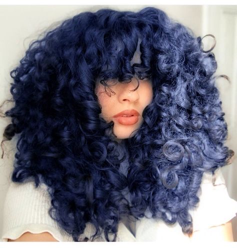 Blue Coily Hair, Bright Blue Hair Aesthetic, Dark Blue Hair Curly, Dark Blue Curly Hair, Ocean Blue Hair, Blue Curly Hair, Blue Afro, Icy Blue Hair, Blue Curls