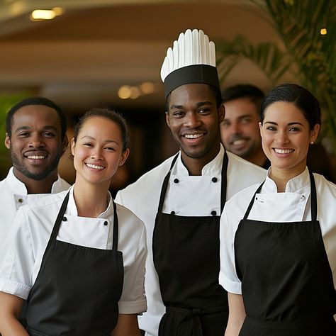 "Chefs posing together: A #diverse group of chefs in #white uniforms and #black aprons smile confidently in a restaurant. #chef #restaurant #cooking #uniform #professional #aiart #aiphoto #stockcake ⬇️ Download and 📝 Prompt 👉 https://stockcake.com/i/chefs-posing-together_1254405_788600" Cooking Uniform, Chef Images, Chef Pictures, Chef Restaurant, Office Interior Design Modern, Chef Wear, Chef Uniform, Female Chef, Chef Coat