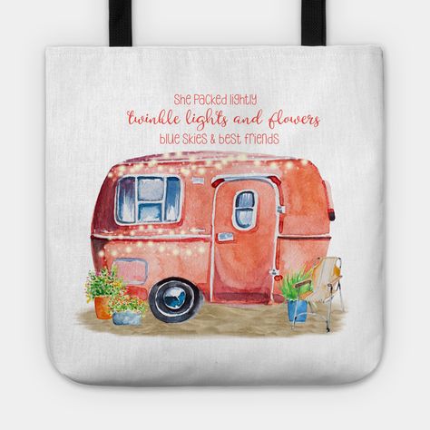 Watercolor retro vintage camper caravan design in orange and red tones, with accents of twinkle lights and potted flowers. I love vintage campers turned into beautiful tiny homes on wheels...perfect for glamping in style! -- Choose from our vast selection of tote bags to match with your desired size to make the perfect custom tote. Pick your favorite: Movies, TV Shows, Art, and so much more! Available in Single Sided Print or Double Sided Print in small, medium, and large. Perfect for work, clas Caravan Kitchen, Vintage Caravan Interiors, Vintage Camper Interior, Camper Trailer For Sale, Camper Organization, Retro Caravan, Watercolor Vintage, Vintage Campers Trailers, Vintage Caravan