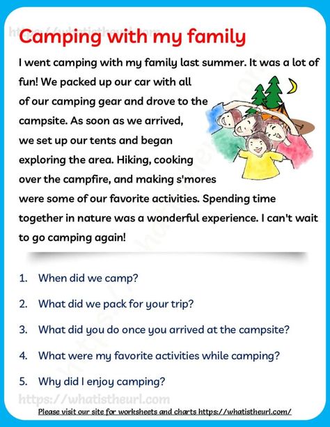 Camping with my Family - Reading Comprehension for Grade 2 - Your Home Teacher Comprehension For Grade 3 Student, Reading Comprehension For Grade 2, Comprehension For Grade 2, Reading Comprehension Grade 1, Oppgaver For Barn, English Conversation For Kids, Camp Read, Teacher Cartoon, Comprehension Exercises