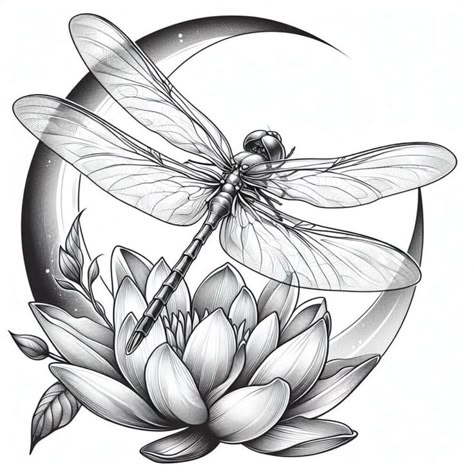 Lotus And Dragonfly Tattoo, Dragonfly On Flower Tattoo, Dragonfly Drawing Tattoo, Dragonfly Tattoo Color, Dragonfly Tattoo Stencil, Dragonfly Tattoo Design With Flowers, Dragon Fly Tattoo Designs, Dragon Fly Drawing, Dragonfly Sketch