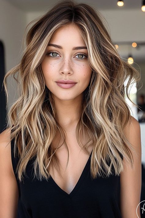 Balayage For Mousy Brown Hair, Brown Hair With Neutral Highlights, Hair For Pale Skin Blue Eyes, Honey Blond Balayage On Brown Hair, Brunette With Blonde Balayage, Hair Colour For Women, Medium Length Balayage, Brown Roots Blonde Hair, Root Melt Brunette To Blonde