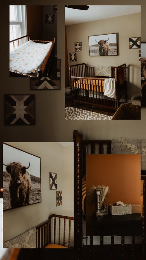 Gender neutral boho western nursery #western #nursery #boho #burntorange #highlandcow #aztec Boho Western Nursery, Nursery Western, Western Nursery, Nursery Boho, Neutral Boho, Savannah Chat, Gender Neutral, New Homes, Nursery