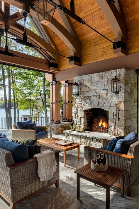 Mediterranean Lake House, East Coast Lake House, Montana Lake House, Lakeside House Interior, Stone Lake House, Adirondack Lake House, Pergula Ideas, Woodsy House, Red Bathroom Ideas