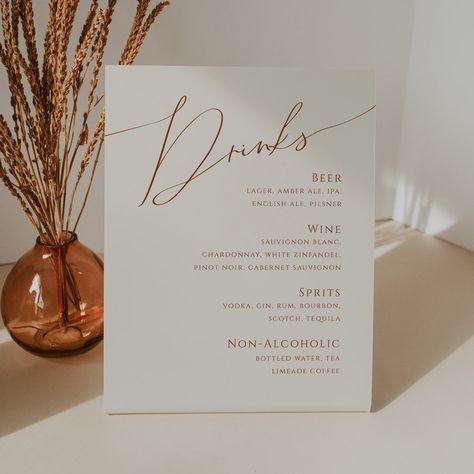 Menu Signage, Earth Tone Wedding, Wedding Bar Menu Sign, Wedding Drink Menu, Open Bar Sign, Alcohol Signs, Wedding Drinks, Romantic Florals, Bar Menu Wedding