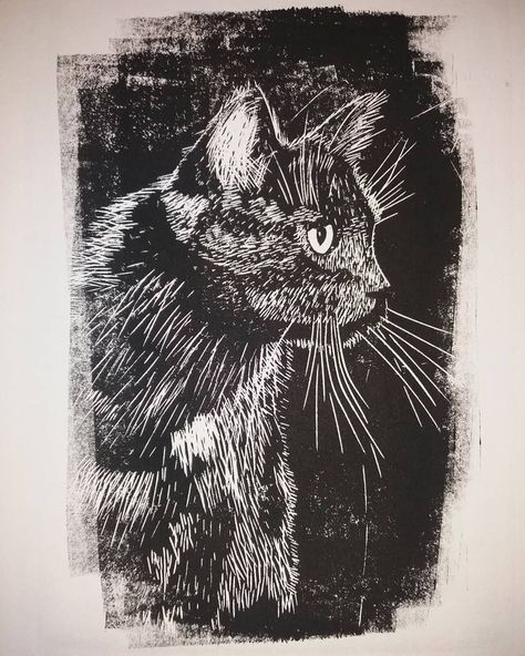 Cat Printmaking, Monotype Printmaking Ideas, Cat Woodcut, Linoprint Art, Cat Engraving, Linoleum Printmaking, Woodcut Art, Relief Printmaking, Cut Cat