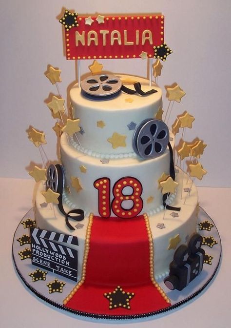 Hollywood Birthday Cake Three tiers of pound cake with buttercream icing. All the decorations are fondant and gum paste. This cake was the... Hollywood Birthday Cake, Movie Theme Cake, Hollywood Cake, Hollywood Birthday Parties, Hollywood Birthday, Birthday Cake Designs, Movie Night Birthday Party, Movie Cakes, 50th Cake