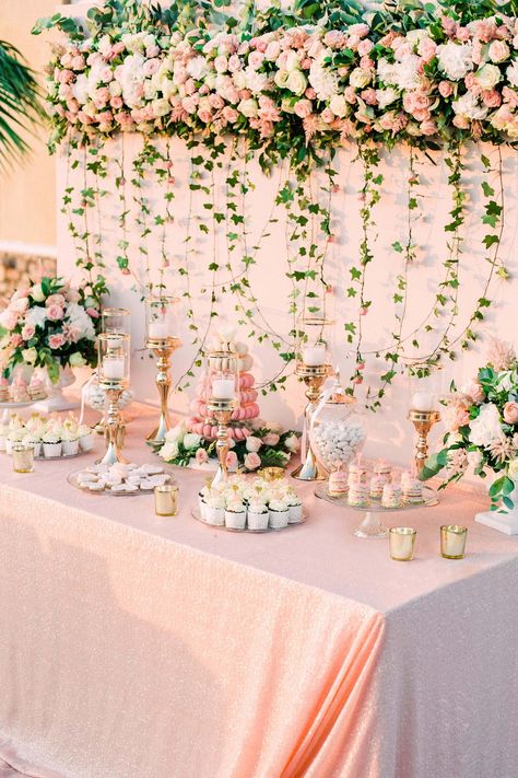 Pink Dessert Table, Light Pink Party, Hanging Floral Decor, Pink Dessert Tables, Engagement Stage, Baby Pink Wedding, Pink Sweet 16, Pink Quince, Bridal Shower Inspo