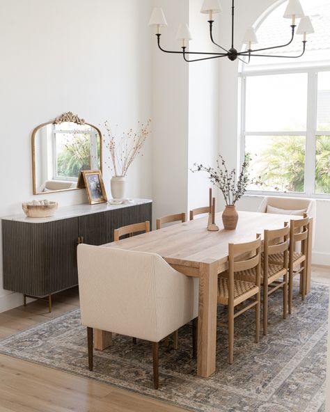 Neutral dining room, modern organic decor, wood table, wood chairs, upholstered chairs Transitional Dining Room Decor, Modern Organic Dining Room, Neutral Dining Room Decor, Organic Dining Room, Organic Modern Dining Room, Light Wood Dining Table, Neutral Dining Room, Oak Dining Room, Wood Dining Room Table