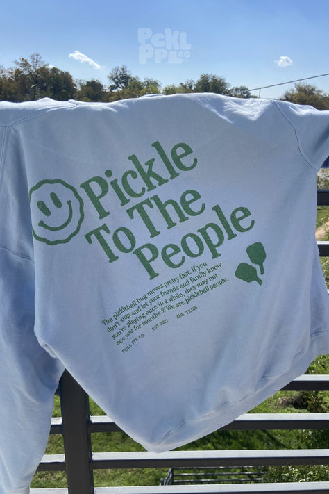 Do your part for the pickle people with this quirky Pckl Ppl Co crewneck! Show off your love for pickleball and show the world that you stand with the pickle people. Pickle to the people! Computer Closet, Pickleball Outfits For Women, Pickleball Shirts, Funny Pickleball Shirts, Cute Anniversary Gifts, Pickleball Gifts, Sports Sweatshirt, People Logo, Pickleball Shirt