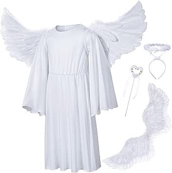 Irtysh Kids Angel Costume With Angel Feather Wings headband Wand Set For Girl's Halloween Birthday Cosplay Angel Costume Pre Teen, Small Angel Wings Costume, Angel Dress For Kids, Kids Angel Costume, Angel Wings Small Costume, Angel Dress Up, Pretend Play Costumes, Angel Feathers, Angel Costume