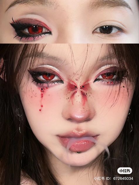 Creative Vampire Makeup, Extra Eyes Makeup, Vampire Douyin Makeup, Red And Black Douyin Makeup, Douyin Alt Makeup, Douyin Vampire Makeup, Douyin Halloween Makeup, Goth Douyin Makeup, Douyin Halloween