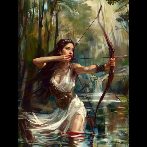 Greek Goddess Art Drawing, Artemis Goddess Drawing, Artemis Artwork, Archery Painting, Artemis Illustration, Artemis Portrait, Artemis Painting Art, Artemis Greek Goddess Art, Artemis Fanart Goddess