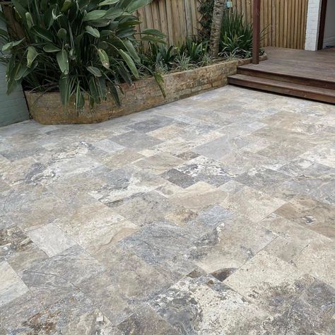 Front Porch Renovation, Silver Travertine, French Pattern, Porch Entry, Patio Flooring, Speak English, Well Done, Tumbling, Front Porch