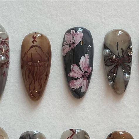 press on nails • nail design art on Instagram: "custom set ; rustic flutter" Deep Color Nails, Dark Flower Nails, Rustic Nail Designs, Drawing Nails Art, Nail November, Dragonfly Nails, Rustic Nails, Nail Drawing, Cute Nail Art Designs