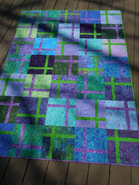 Quilts Made With Batik Fabric, Twisted Tales, Green Quilts, Batik Ideas, Squares Quilt, Charm Squares, Kaffe Fassett Quilts, Basic Quilt, Purple Quilts