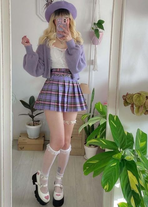 Kawaii Outfit Ideas, Pastel Girl, Purple Outfits, Kawaii Fashion Outfits, Skirt Outfit, Plaid Skirt, Really Cute Outfits, Kawaii Clothes, Girly Outfits