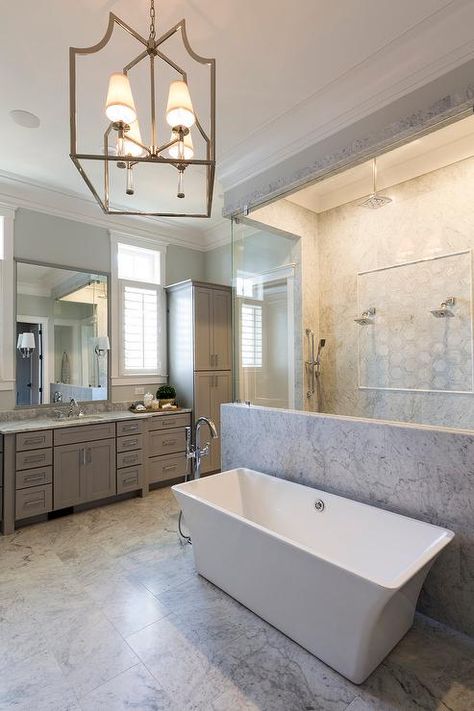 Tub In Front Of Shower Wall, Gothic Lantern, Master Bath Layout, Marble Shower Walls, Marble Floor Tiles, Floor Mount Tub Filler, Glamorous Bathroom Decor, New House Bathroom, Luxury Master Bathrooms