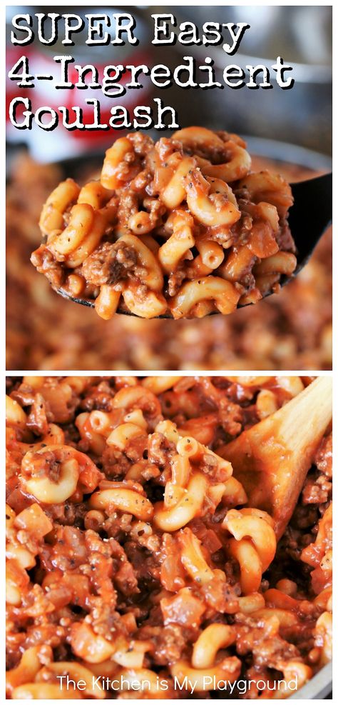 4-Ingredient Quick & Easy Goulash ~ Simple, easy, family-friendly, budget-friendly comfort food that just seems to be loved by all. #goulash #easygoulash #easydinnerideas  www.thekitchenismyplayground.com Quick And Easy Goulash Recipes, 4 Ingredient Goulash, Home Made Goulash, Goolosh Recipe, Goulash Recipes Easy Ground Beef And Tomato Soup, Goolosh Recipe Tomato Soup, Classic Goulash Allrecipes, German Goulash, Best Goulash Recipes