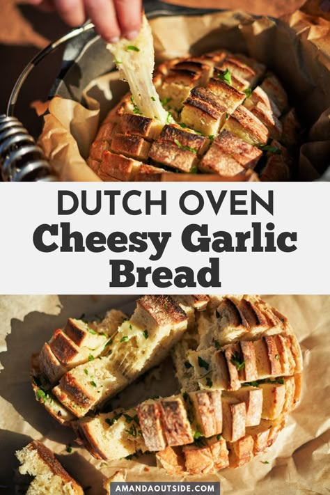 Dutch oven garlic bread is an easy and delicious appetizer for your next camping trip! With just a few ingredients and a dutch oven, you can make a super cheesy pull-apart garlic bread to go along with your next camping meal. Grab the recipe and let’s get started. #camping #garlicbread Dutch Oven Garlic Bread, Oven Garlic Bread, Cheesy Pull Apart Garlic Bread, Oven Garlic, Glamping Recipes, Easy Dutch Oven Recipes, Dutch Oven Recipes Cast Iron, Dutch Oven Camping Recipes, Pull Apart Garlic Bread