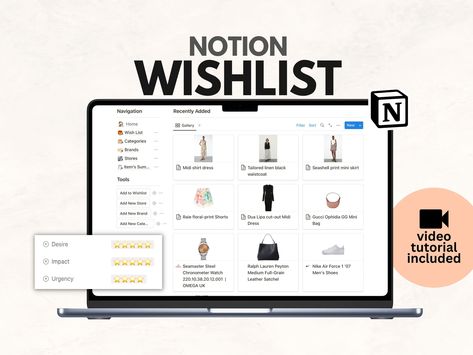 simple notion template Wish List Notion, Notion Wishlist Template, Notion Wishlist, Purchase Tracker, Wish List Template, Notion Dashboard, Outfit Planner, Notion Templates, Small Business Planner