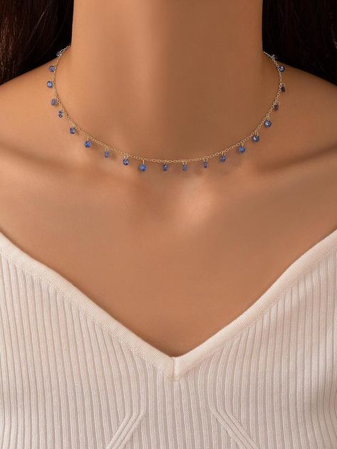 1pc Fashion Zinc Alloy Rhinestone Charm Chain Necklace For Women For Dating Gift Jewel Choker, Light Blue Necklace, Dating Gifts, Dainty Choker, Women Pendant, Charm Chain, Butterfly Pendant Necklace, Rhinestone Choker, Watches Women Fashion