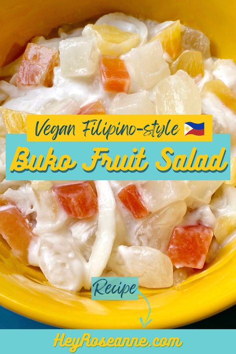 Vegan Buko Fruit Salad
Filipino-Style Fruit Salad Pin Filipino Fruit Salad, Fruit Cocktail Salad, Vegan Sweetened Condensed Milk, Coconut Salad, Vegan Cocktails, Fruit Salad Recipe, Filipino Style, Vegan Salad Recipes, Fruity Desserts