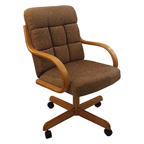 Casual Rolling Caster Dining Chair with Swivel Tilt in Oak Wood with Fabric Seat and Back (1 Chair) Dinette Chairs, Brown Armchair, Caster Chairs, Honey Oak, Upholstered Fabric, Fabric Seat, Renovation Ideas, Chairs Armchairs, Dining Arm Chair