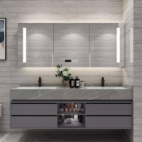 Bathroom Counter Designs, Bathroom Cabinets Designs, Washroom Decor, Bathroom Vanity Designs, Modern Bathroom Cabinets, Washbasin Design, Bathroom Decor Luxury, Glass Sink, Floating Bathroom Vanity