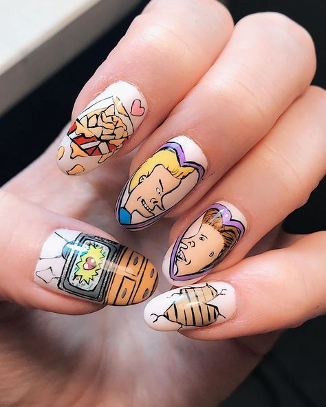 Beavis And Butthead Nails, 90s Valentines Nails, Daria Nails, Creamy Nails, Beavis Y Butthead, Character Nails, Beavis And Butthead, Nail Goals, Acrylic Ideas