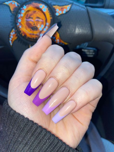 Purple Monochrome Nails, Purple French Tip Nails Acrylic Square, Monochrome French Tip Nails, French Tips Coffin Shape, Fancy French Tip Nails, French Tip Nails Purple, Purple French Tip Nails Acrylic, French Tips Coffin, Purple French Nails