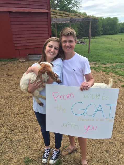 Goat Promposal 2016. So cute! Good Promposal Ideas, Goat Promposal, Ffa Promposal, Promposal With Dog, Homecoming Proposal Ideas Country, Farm Promposal, Dog Promposal, Animal Promposal, Puppy Promposal