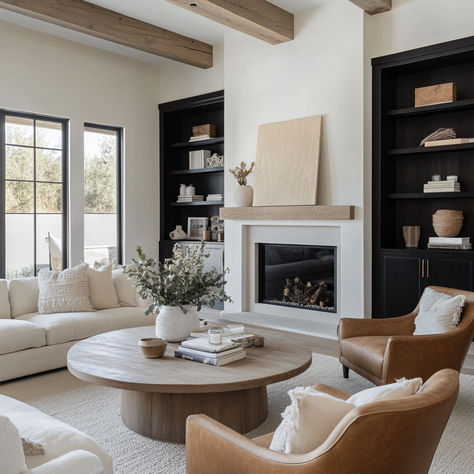 living room with a modern, minimalist aesthetic that combines timeless design elements with cozy touches. Get inspired by this bright and airy space, featuring neutral tones, leather furniture, and wooden accents, creating the perfect environment for relaxing and entertaining.  #InteriorDesign #HomeDecor #LivingRoomInspo #McGeeAndCoStyle #MinimalistDecor #CozyLiving #ModernHome #NeutralPalette #DesignInspiration #HomeStyling #EuropeanDesign #ScandinavianDesign #UKInteriorDesign #NYCInteriors Studio Mcgee Inspired Living Room, Round Coffee Table Living Room Layout, Symmetrical Living Room With Fireplace, Shea Mcgee Style Living Room, White Couch Leather Chair Living Room, Cozy Neutral Decor, French Country Modern Living Room, California Modern Living Room, West Elm Living Room Ideas