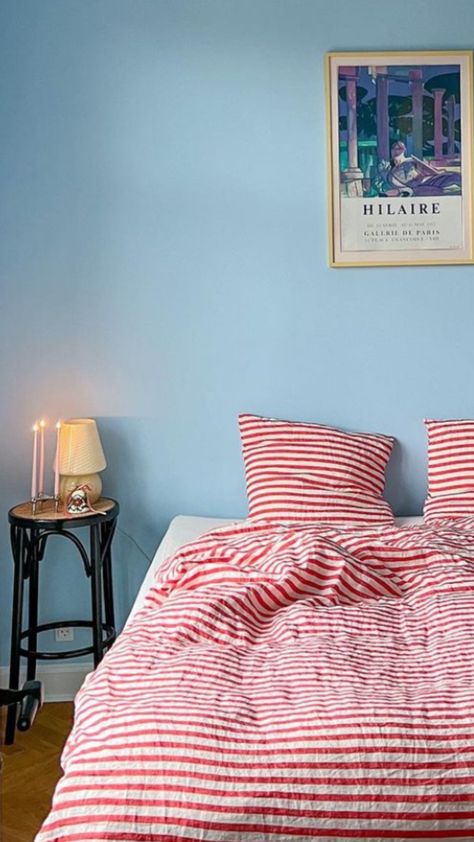 Light Blue And Red Bedroom, Red And Blue Room Aesthetic, Red And Blue Bedroom Ideas, Blue And Red Bedroom, Swedish Bedroom, Light Blue Bedroom, Bedroom Red, Red Rooms, Pretty Room