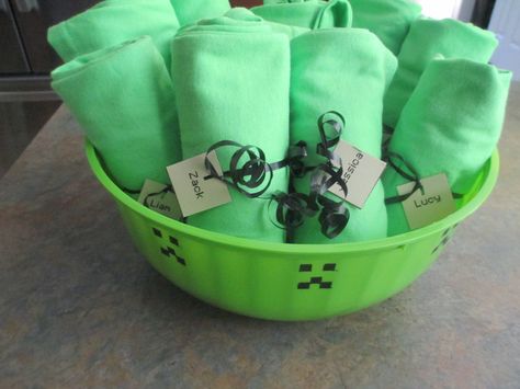 Minecraft Party creeper t shirts  bowl came from dollar tree I used a stencil & a sharpie to add the creeper design The Creeper, Minecraft Birthday Party, September Birthday, Minecraft Birthday, Minecraft Party, Boy Party, Kids' Room, Creepers, Bday Party