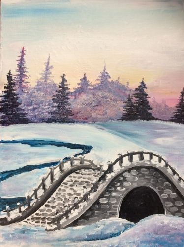 Peisazh Drawing, Snowy Bridge, Ocean Villa, Bridge Drawing, Bridge Painting, Friend Painting, Wine And Canvas, Art Pierre, Snow Pictures