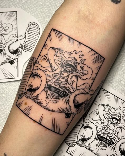 One Piece Luffy Gear 5 Tattoo, Gear 5 Luffy Tattoo Design, One Piece Gear 5 Tattoo, Luffy Gear 5 Tattoo Ideas, Gear 5 Luffy Tattoo, Monkey D Luffy Tattoo, Gear 5 Luffy Manga, Gear 5 Tattoo, Caleb Core