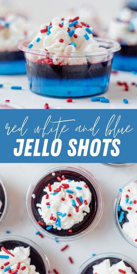 Red white and blue jello shots are the best drink for a fourth of July or Memorial Day party. Whether you're headed to the beach, having a party, or firing up the grill, these patriotic Jell-O shots will most definitely liven up your celebration. Blue Jello Shots Recipe, Patriotic Jello Shots, Patriotic Jello, White Jello, Red White And Blue Jello, Blue Jello Shots, Jello Shots Recipe, Layered Jello, Jello Cups