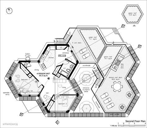 hexagon house plans willian(son)g - Buscar con Google | Planos de arquitectura, Planos arquitectonicos y Planos casas una planta Hexagonal House, Hexagonal Architecture, Hexagon House, Garage Workshop Plans, Tree House Plans, Design Your Own Home, Minecraft House Designs, Floor Plan Layout, Interior Vintage