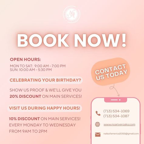 In search of a nail salon in Houston? You found us! ✨

🎉 Birthday Special: Show us proof of your birthday and get 20% OFF main services! Perfect for celebrating in style.
(T&C: Offer valid for the day before and the day of your birthday with ID. Cannot be combined with other offers.)

💅 Happy Hour Deal: Swing by Monday to Wednesday from 9AM to 2PM and enjoy a 10% DISCOUNT on main services!
(T&C: Offer valid during the designated time. Cannot be combined with other promotion.) Salon Deals And Offers, Nail Promotions Ideas, Nail Salon Poster, Salon Promotions, Launch Campaign, Nails Salon, Birthday Special, Salon Ideas, Discount Promotion