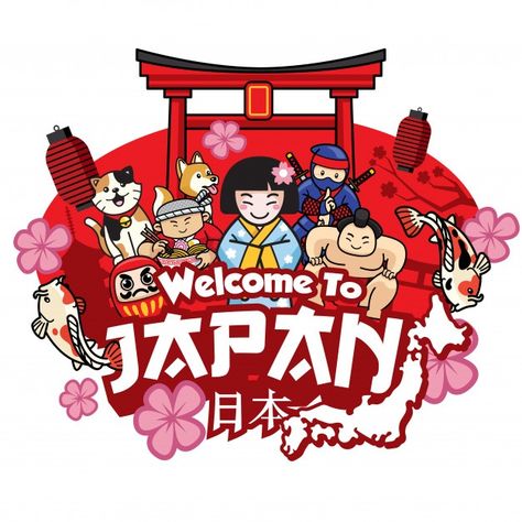 Greeting welcome to japan with cute styl... | Premium Vector #Freepik #vector #japan #welcome #tourism #culture Welcome To Japan, Tokyo Kawaii, Kawaii Clipart, Japan Painting, Japan Garden, Japan Tokyo, Office Depot, Japan Design, Badge Design