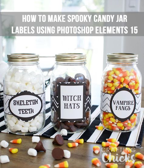 Creating Spooky Candy Jar Labels Using Adobe Photoshop Elements 15 #ad Candy Jar Labels, Guessing Jar, Halloween Candy Jar, Diy Halloween Gifts, Spooky Basket, Diy Crafts Ideas, Spooky Candy, Halloween Jars, Halloween Labels