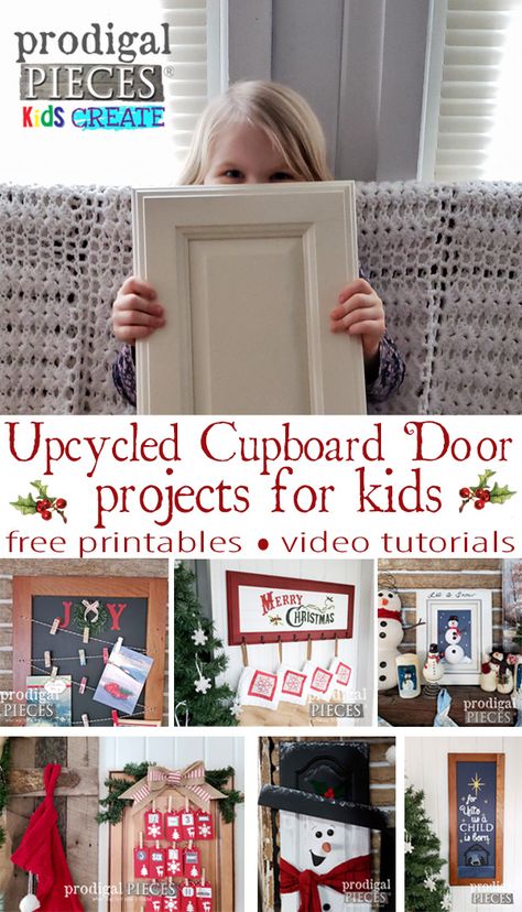 Hey Kids (& Parents)! You'll have a blast creating this Upcycled Christmas Cupboard Door Projects for your home and as gifts | Free Printables and Video Tutorial too | Get the DIY details at Prodigal Pieces | prodigalpieces.com #prodigalpieces #diy #handmade #gifts #giftideas #christmas #kids #home #homedecor #homedecorideas #video #tutorial Ideas For Old Cabinet Doors, Repurposed Cupboard Doors, Cupboard Door Crafts, Repurpose Windows, Cabinet Doors Diy Projects, Cabinet Doors Repurposed Diy, Rh Decor, Cabinet Door Crafts, Cabinet Door Ideas