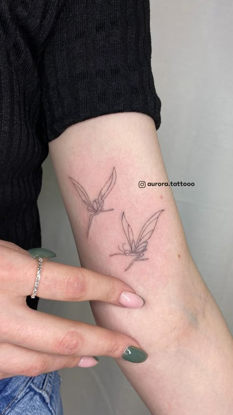 Minimalistic Fairy Tattoo, Pretty Fairy Tattoo, Fairy Minimalist Tattoo, Fairy Tattoo Ideas For Women, Fairy Arm Tattoo, Mini Fairy Tattoo, Tiny Fairy Tattoo, Simple Fairy Tattoo, Fine Line Fairy Tattoo