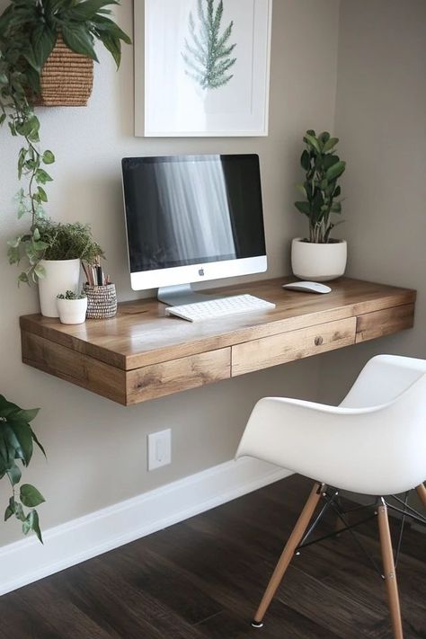 "Create a functional and stylish work area with a DIY Floating Desk! 🛠️💻 Ideal for adding a minimalist, contemporary look to your home office. 🌿✨ #DIYFurniture #DeskDesign #HomeOffice" Floating Desk Diy, Minimalist Desk Decor, Diy Floating Desk, Small Desk Area, Small Office Desk, Minimalist Desk, Floating Desk, Small Space Solutions, Minimalist Contemporary