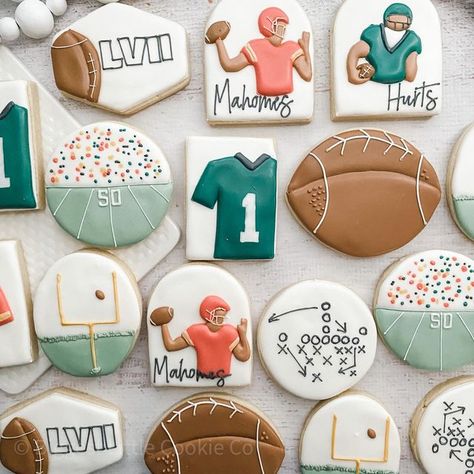 Erin Atkinson on Instagram: "Happy Sports Day to those who observe! I’m in the thick of getting Valentines cookies out the door, but I had time last week to make these for, what I’m sure, will be a super fun Super Bowl party today! My plans today, after the V-Day cookies get on the porch, include reading my three library books before they’re due back this week. I didn’t realize when I scheduled pick ups today that it was the same time as the game…. Sooo, I get to stay home in the peace and q Football Iced Cookies, Book Royal Icing Cookies, Super Bowl Decorated Cookies, Superbowl Sugar Cookies, Superbowl Cookies Decorated, Super Bowl Sugar Cookies, Sports Cookies Decorated, Super Bowl Cookies Decorated, Superbowl Cookies