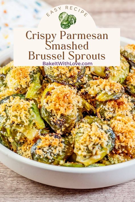 Tasty crispy smashed Parmesan brussel sprouts served in a large bowl for snacking. Garlic Parmesan Roasted Brussels Sprouts Recipe, Brussel Sprout Recipes Microwave, Crispy Parmesan Smashed Brussel Sprouts, Crispy Baked Brussel Sprouts, Parmesan Smashed Brussel Sprouts, Brussel Sprout Recipes In Oven, Smashed Brussels Sprouts Recipe, Smashed Parmesan Brussel Sprouts, Crispy Parmesan Brussel Sprouts